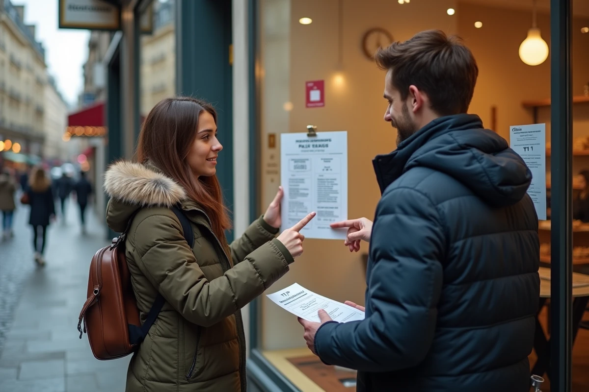 Deux personnes comparant des annonces de locations T1 et T1bis devant une agence immobilière dans un quartier urbain français