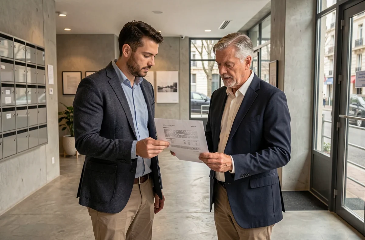 Deux copropriétaires discutant d'un contrat de syndic dans le hall d'entrée d'un immeuble résidentiel urbain