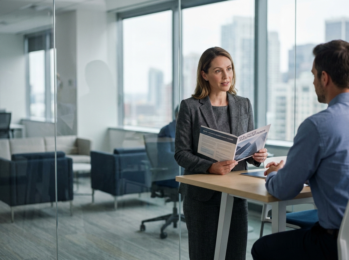 Femme consultant un conseiller financier pour investir en SCPI dans un bureau professionnel moderne