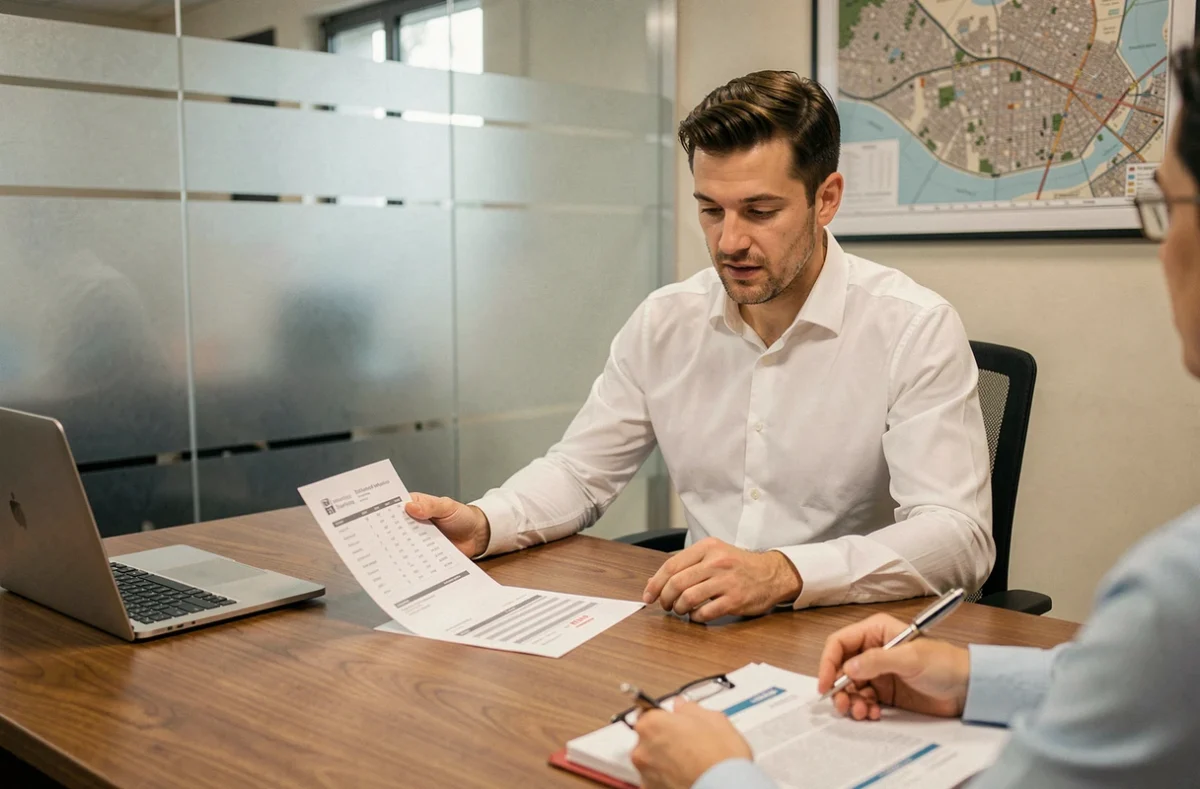 Conseiller immobilier IMMO PRIMA présentant une estimation de bien à un vendeur lors d'un entretien professionnel