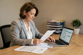 Conseillère immobilière analysant un simulateur de contribution sécurité immobilière sur ordinateur portable