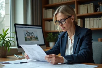 Femme consultant des documents cadastraux et registres fonciers pour identifier le propriétaire d'une parcelle