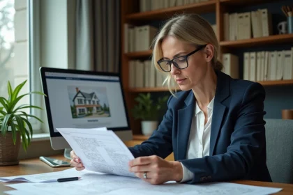 Femme consultant des documents cadastraux et registres fonciers pour identifier le propriétaire d'une parcelle