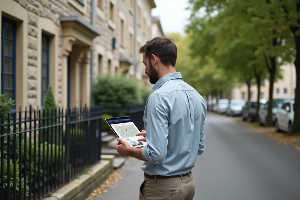 Homme consultant une revue foncière en ligne sur tablette devant une maison à vendre dans une rue résidentielle française