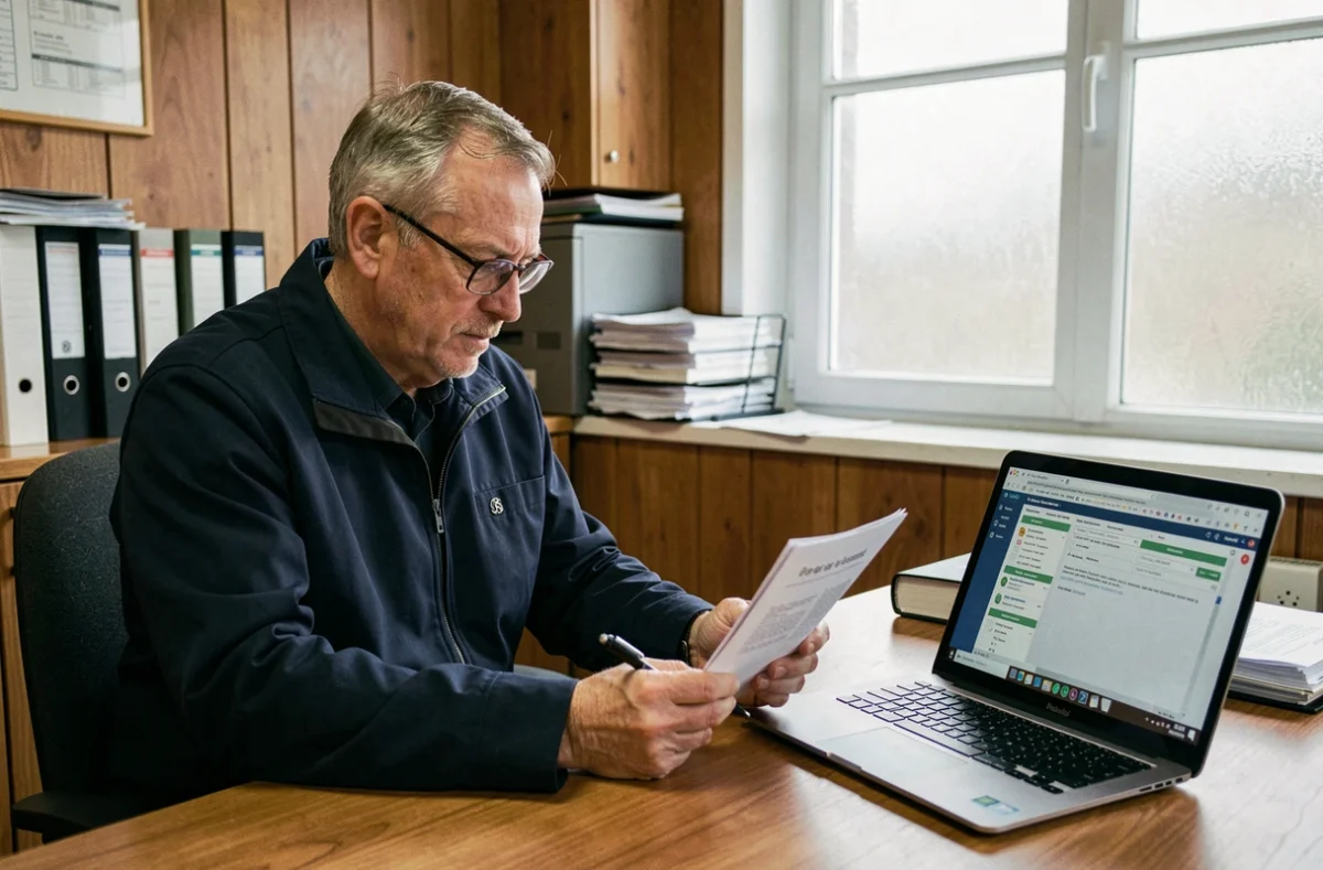 Homme consultant un document cadastral pour identifier le propriétaire d'un bien immobilier