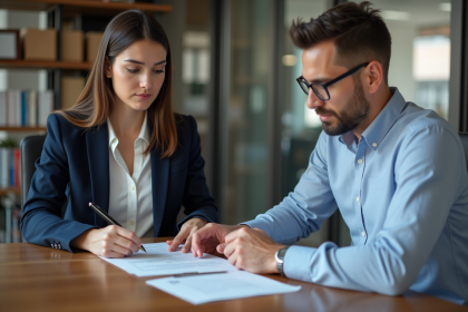 Jeune femme d'affaires examine un contrat de location avec un propriétaire