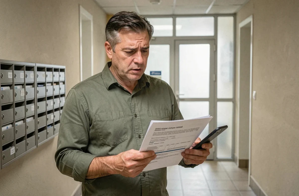 Copropriétaire dans le couloir de son immeuble consultant les documents de l'assemblée générale et l'application MyFoncia
