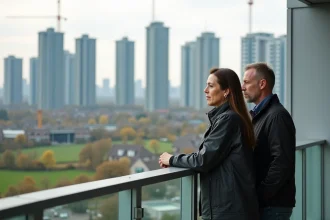 Couple sur balcon d'un appartement moderne surplombant la ville
