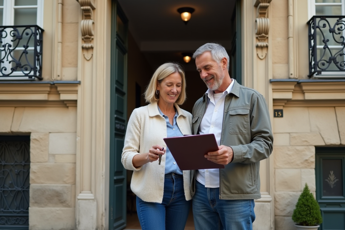 Couple souriant avec clés devant un bâtiment français traditionnel