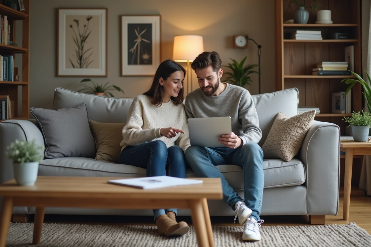 Couple consultant ensemble les documents de leur logement en ligne sur myfoncia depuis leur salon