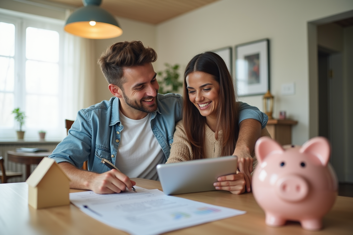 Couple heureux discutant de prêt immobilier avec papiers et tablette