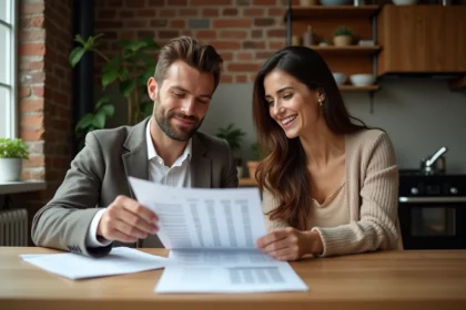 Couple de trentenaires étudiant un dossier de crédit immobilier sur 25 ans à leur table