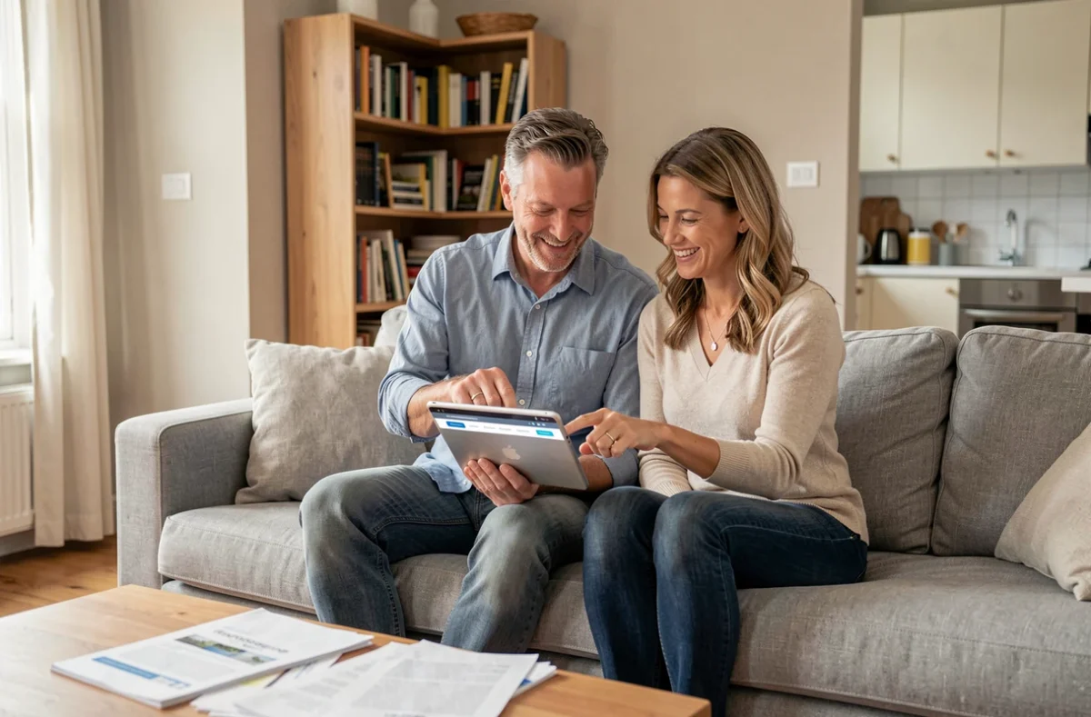 Couple consultant une estimation immobilière gratuite sur une tablette dans leur salon