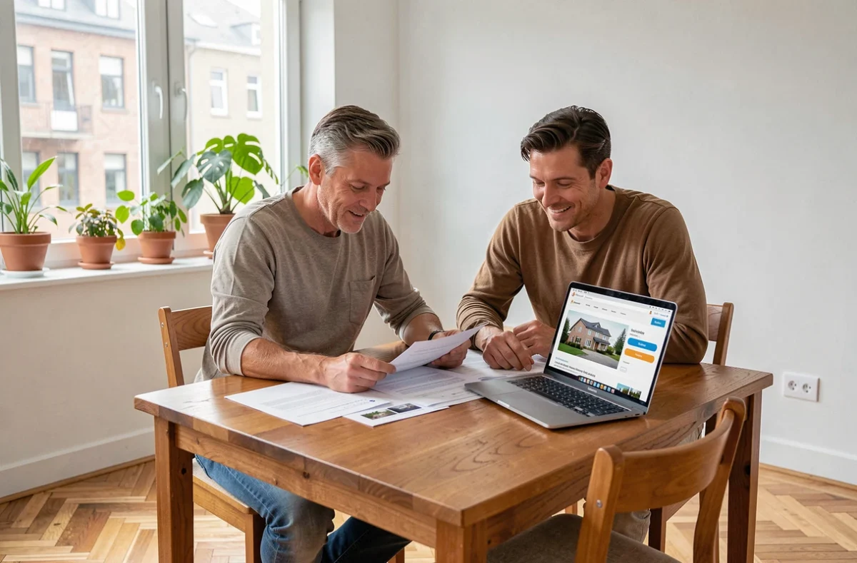 Couple étudiant une estimation immobilière en ligne pour vendre rapidement leur appartement