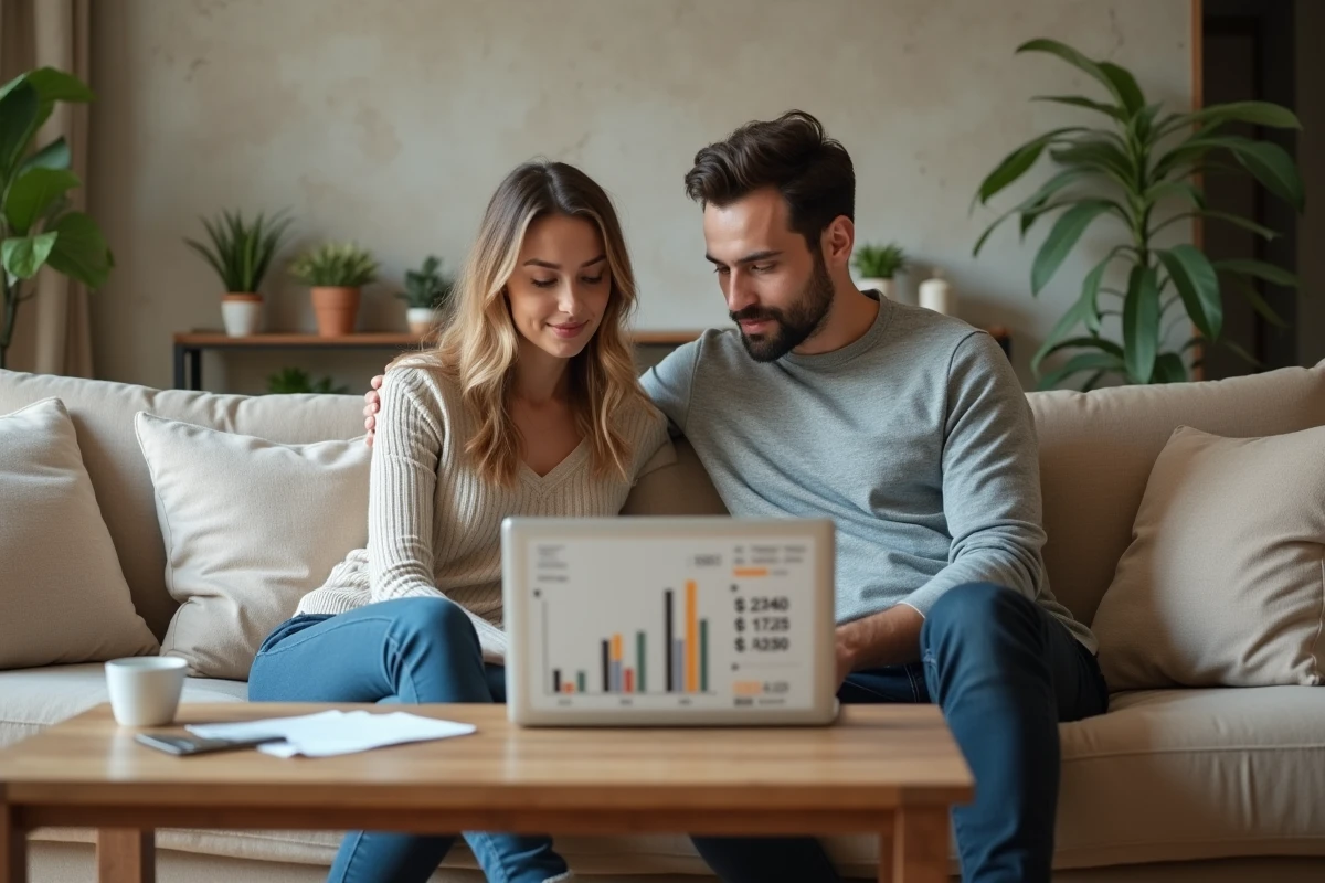 Couple étudiant ensemble l'historique de prix d'un bien immobilier sur un ordinateur pour négocier le meilleur tarif