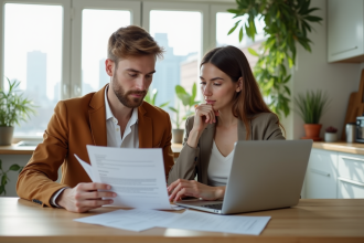 Jeune couple en réunion immobilière dans une cuisine lumineuse
