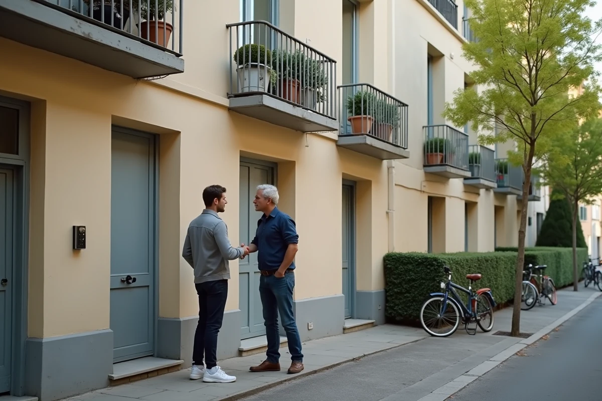 Couple de jeunes parents devant un immeuble résidentiel rénové du Quartier Nord de Villeneuve-Saint-Georges