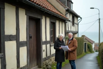 Couple inspectant une maison normande à colombages à vendre près de la mer en Normandie