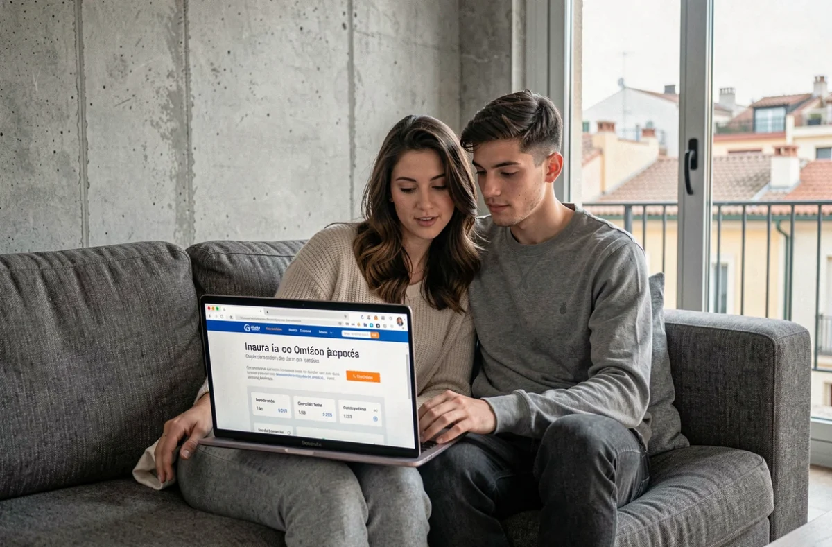 Couple de locataires comparant des offres d'assurance habitation en ligne dans un appartement de Barcelone