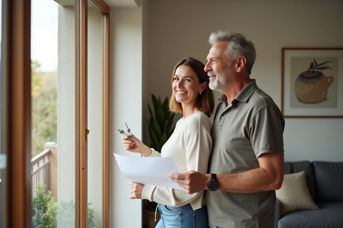 Couple souriant tenant un contrat de location dans un intérieur accueillant