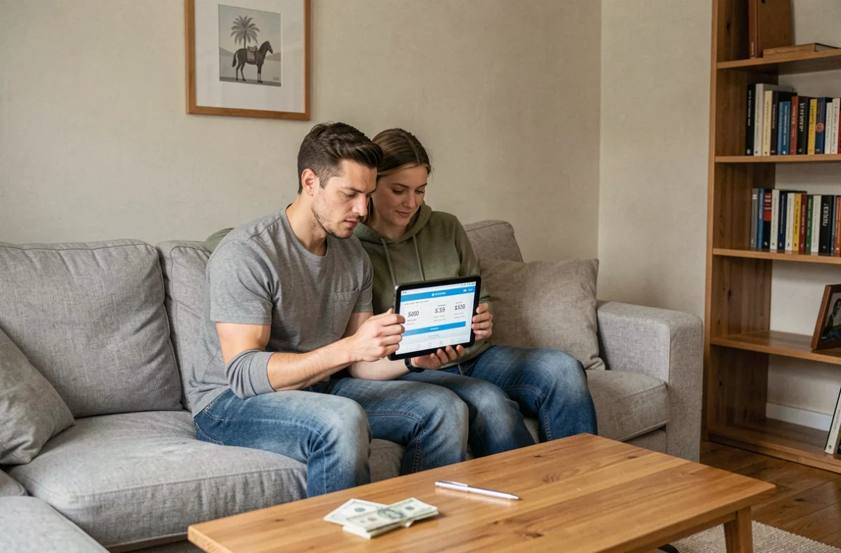 Couple de locataires consultant des devis d'assurance habitation économiques sur une tablette dans leur salon
