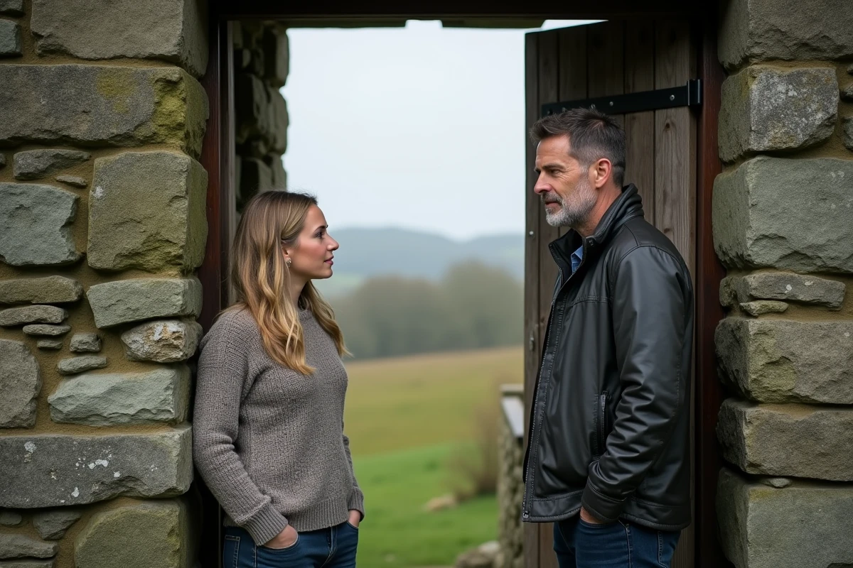 Couple devant l'entrée d'une longère en pierre rénovée en Bretagne, regardant le paysage bocager