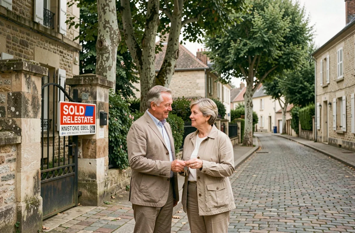 Couple heureux devant leur maison vendue avec panneau vendu IMMO PRIMA en province française
