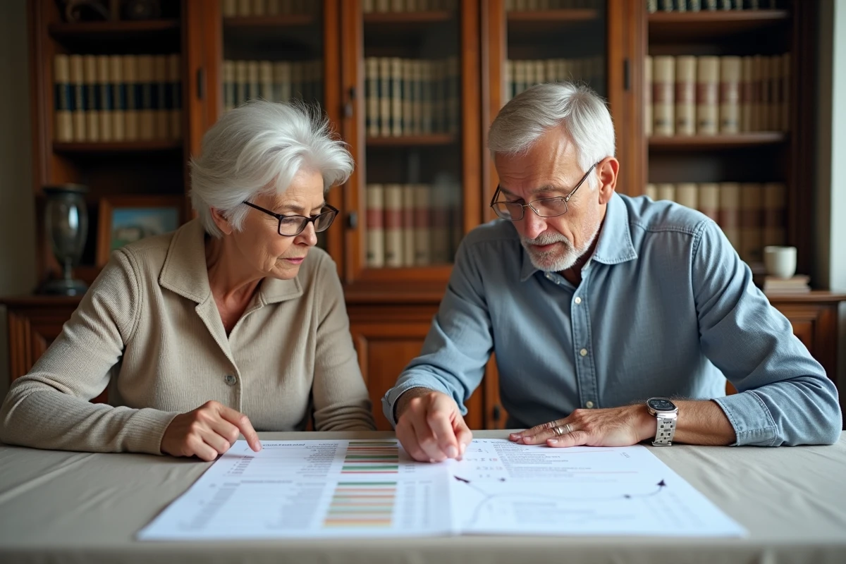 Couple de retraités analysant ensemble un simulateur de calcul viager sur feuille Excel imprimée à la table du salon