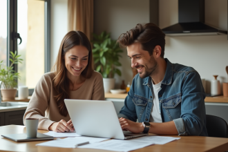 Jeune couple confiant examinant documents de location