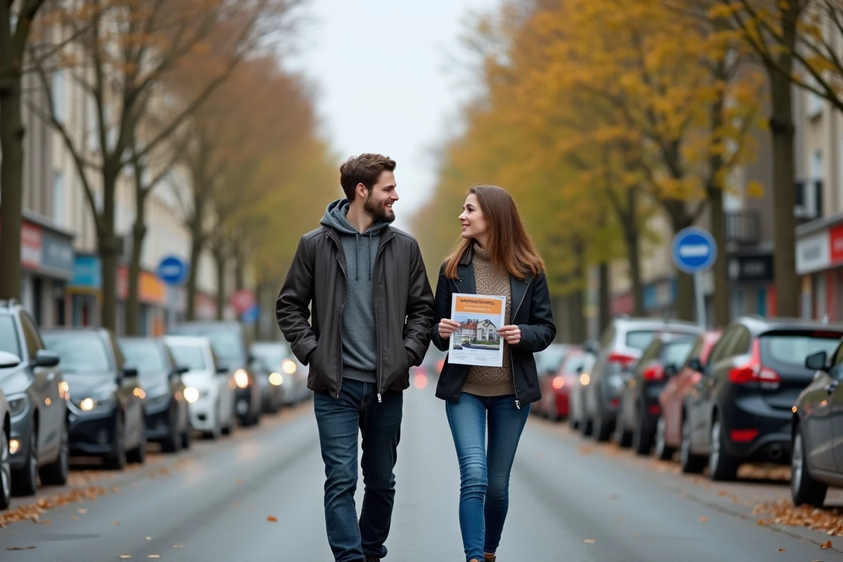 Couple discutant des options de sécurité abordables dans les rues résidentielles du quartier de Créteil