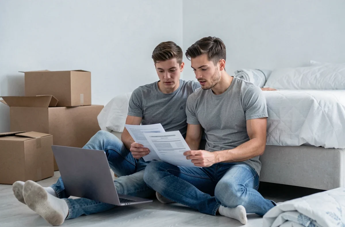 Couple souscrivant une assurance habitation en ligne dans leur nouvel appartement lors d'un déménagement
