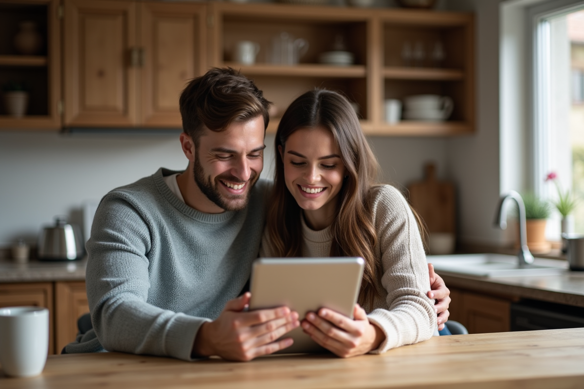 Couple souriant regardant une tablette dans la cuisine