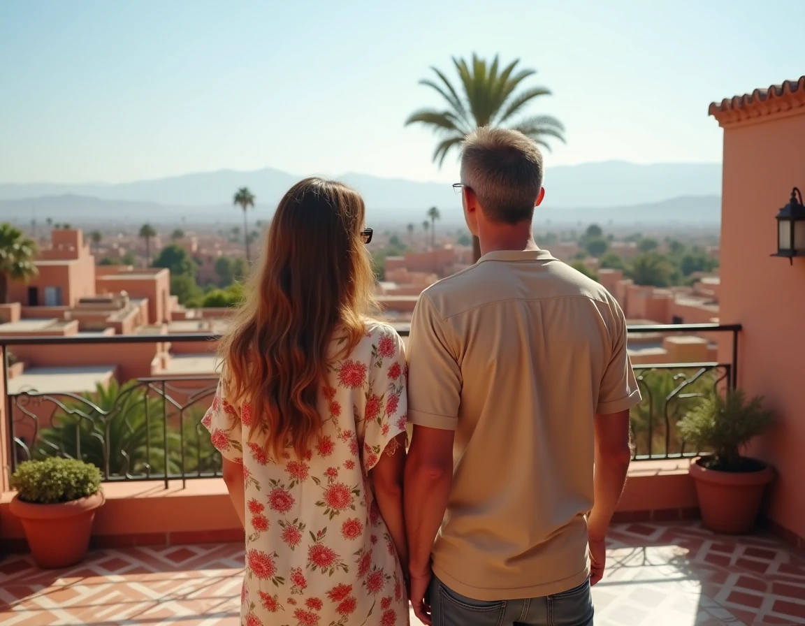 Couple visitant la terrasse d'un appartement à vendre à Marrakech avec vue panoramique sur la ville et l'Atlas