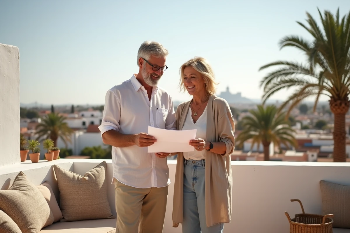 Couple souriant sur une terrasse avec vue sur Marrakech