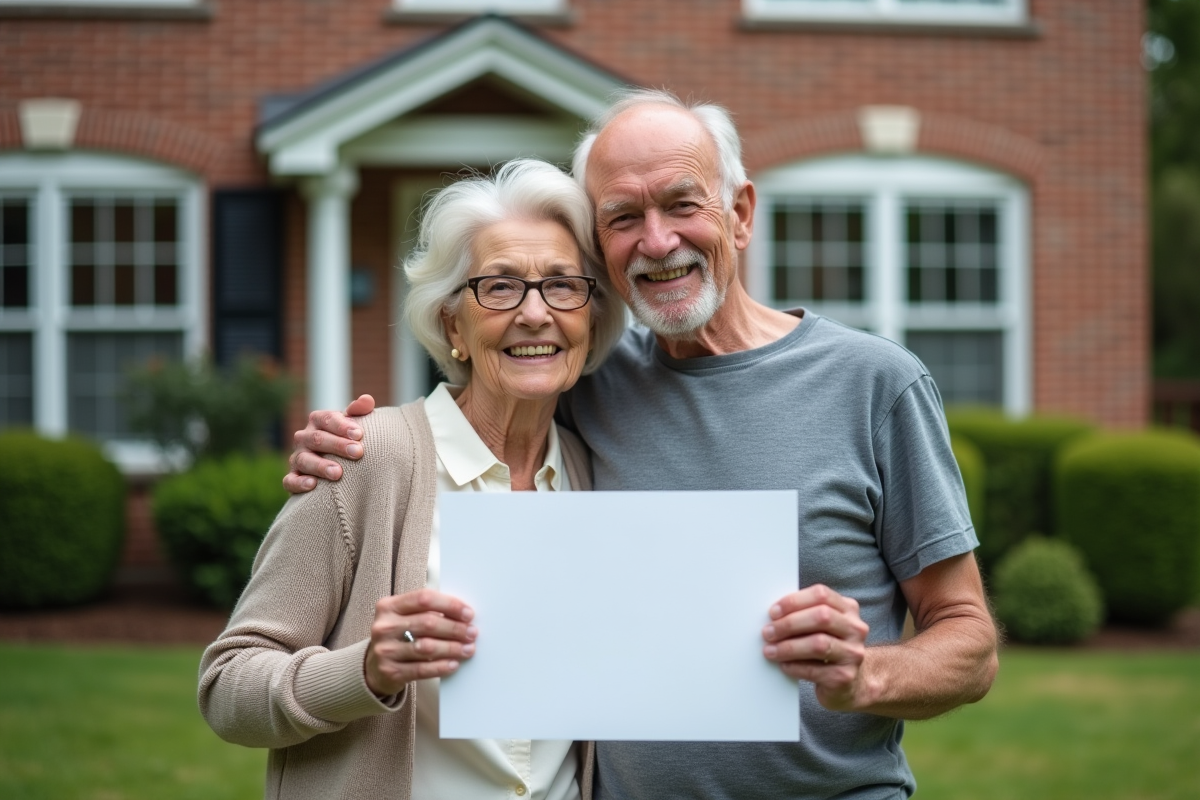 Couple âgé souriant devant leur maison avec panneau vente