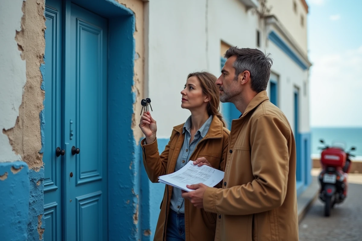 Couple d'expatriés inspectant un appartement en location longue durée à Essaouira