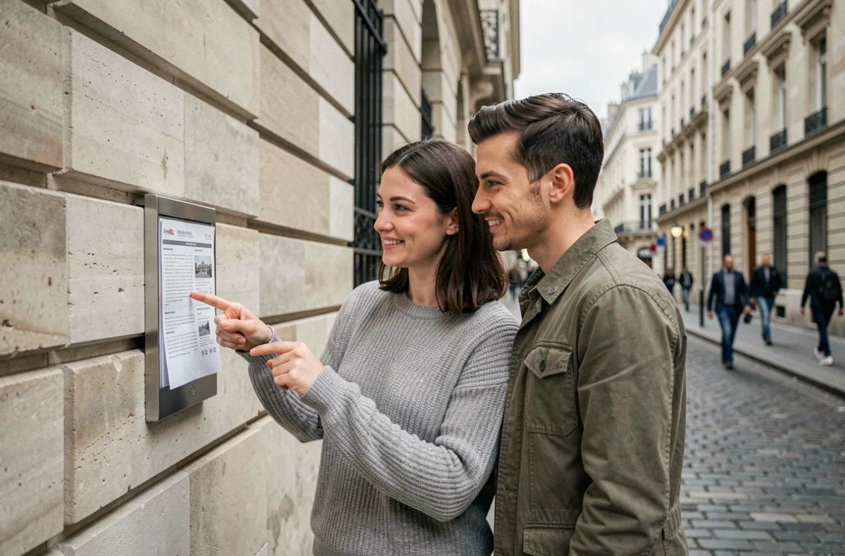 Couple examinant une annonce de location devant un immeuble parisien en pierre, lors d'une visite d'appartement dans Paris