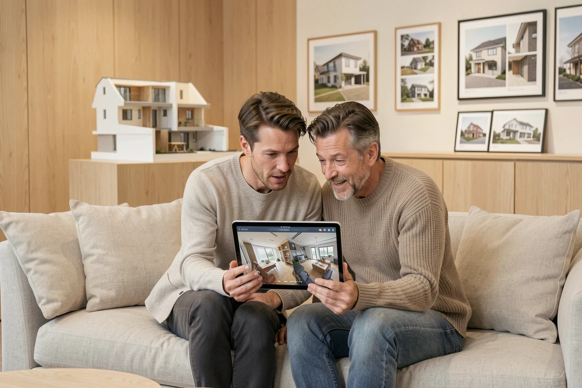 Couple de futurs acquéreurs consultant une visite virtuelle 360 degrés d'une maison sur tablette dans un showroom immobilier