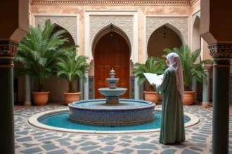 Cour intérieure d'un riad traditionnel à Marrakech avec fontaine en zellige et arches en stuc, idéal pour les acheteurs cherchant un riad en vente à Marrakech