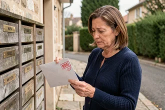 Femme tenant une enveloppe retournée marquée NPAI devant des boîtes aux lettres en zone résidentielle