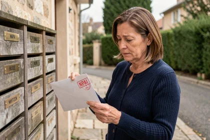 Femme tenant une enveloppe retournée marquée NPAI devant des boîtes aux lettres en zone résidentielle