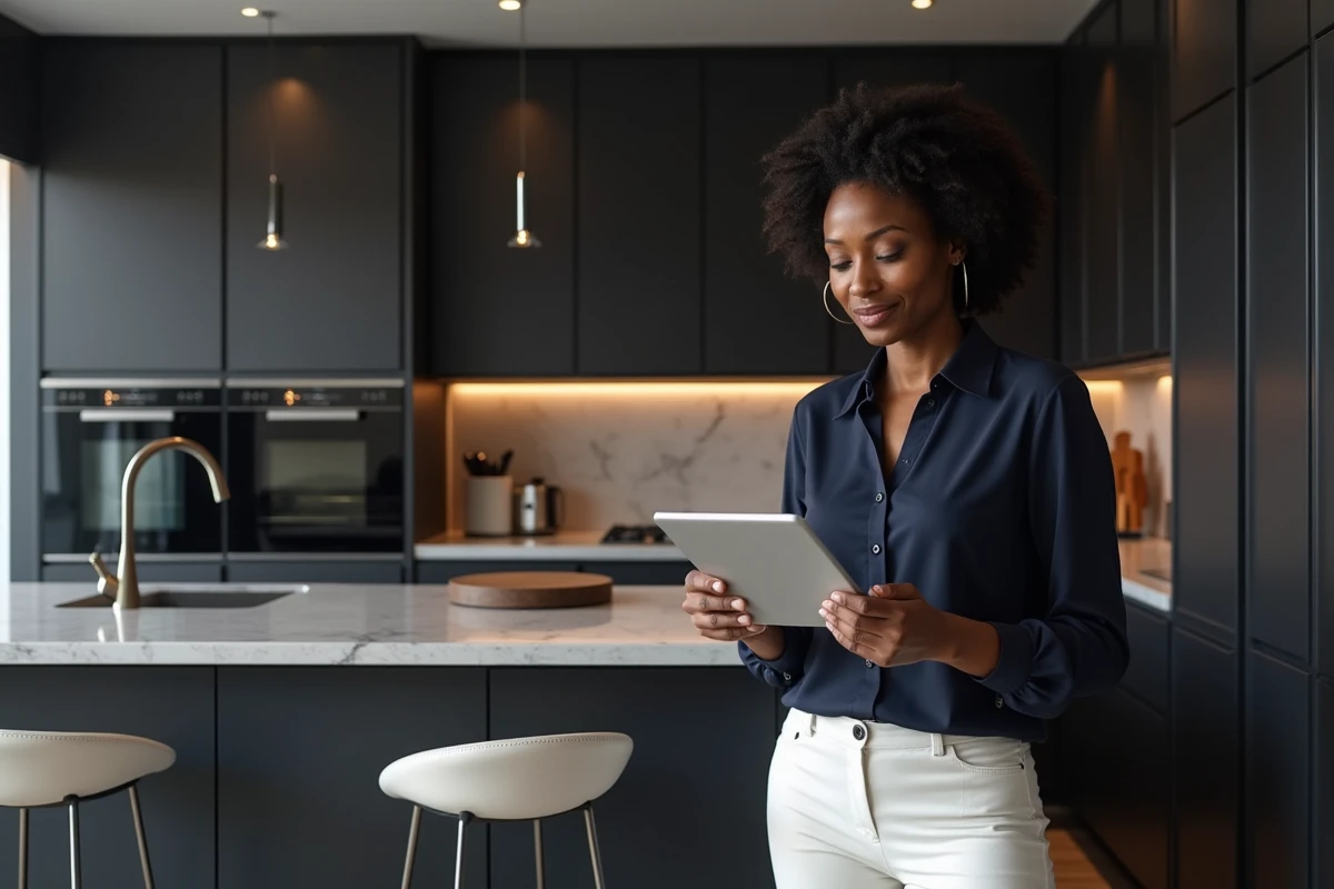 Cuisine moderne haut de gamme dans un appartement du Plateau à Abidjan avec plan de travail en quartz et mobilier épuré