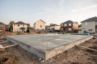 Dalle de béton fraîchement coulée sur un chantier