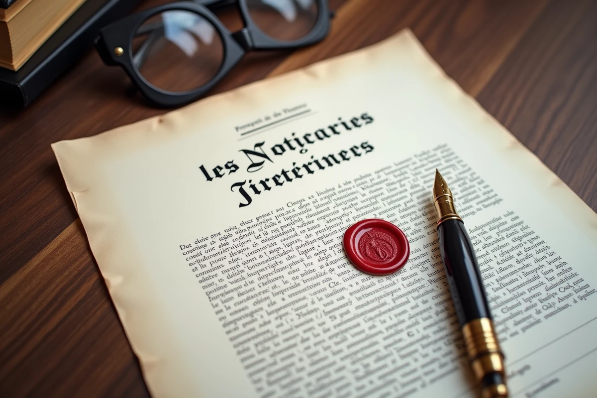 Gros plan sur un acte de vente notarié avec sceau de cire rouge et stylo plume posé sur un bureau en noyer dans une étude notariale