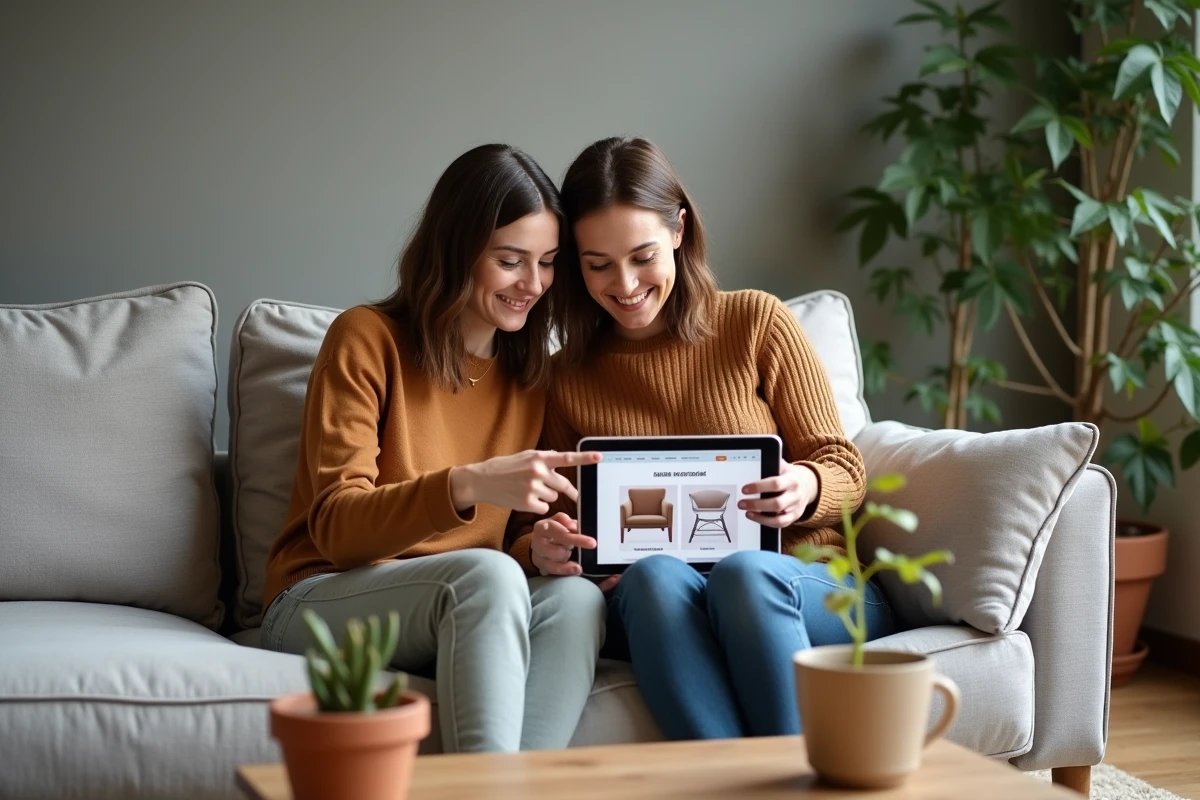 Deux femmes découvrant les nouveautés Alin.fr sur une tablette dans un salon chaleureux