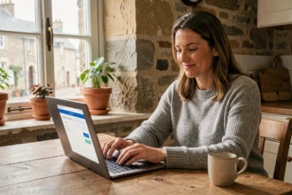 Femme utilisant un ordinateur portable pour demander un devis d'assurance habitation en ligne à Vannes