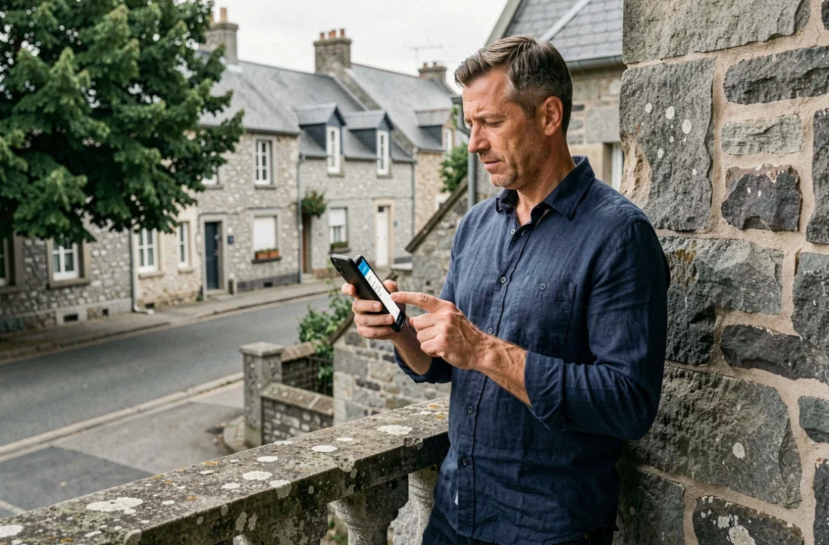 Homme sur la terrasse de sa maison bretonne à Vannes consultant un devis d'assurance habitation sur smartphone