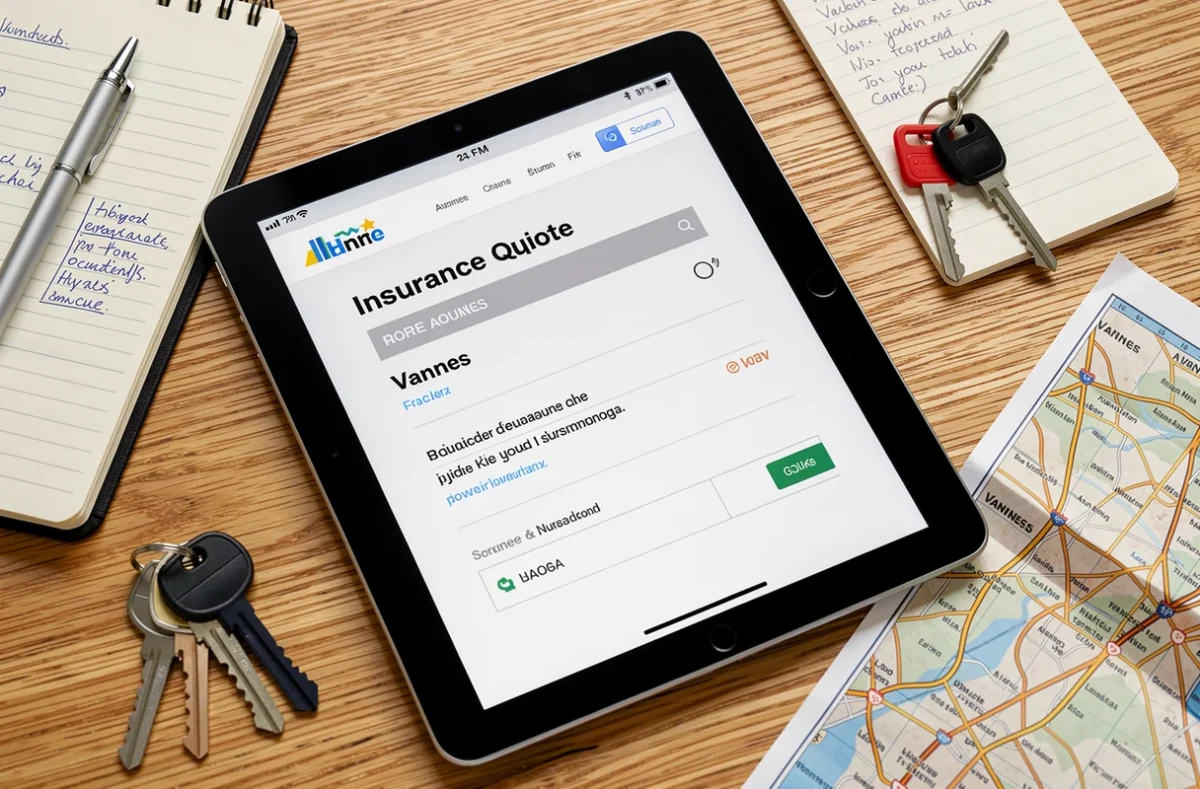 Vue de dessus d'une tablette affichant un formulaire de devis assurance habitation à Vannes avec clés et documents