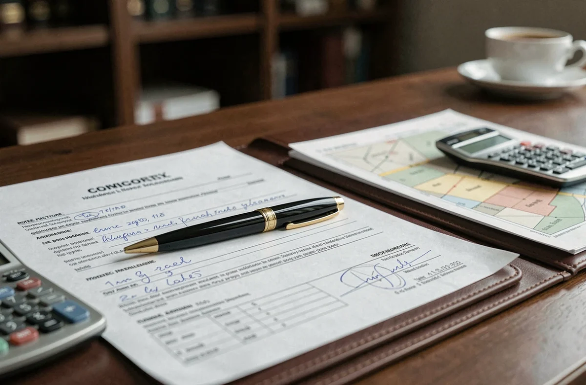 Documents d'estimation immobilière notariale avec annotations manuscrites et stylo sur un bureau de notaire