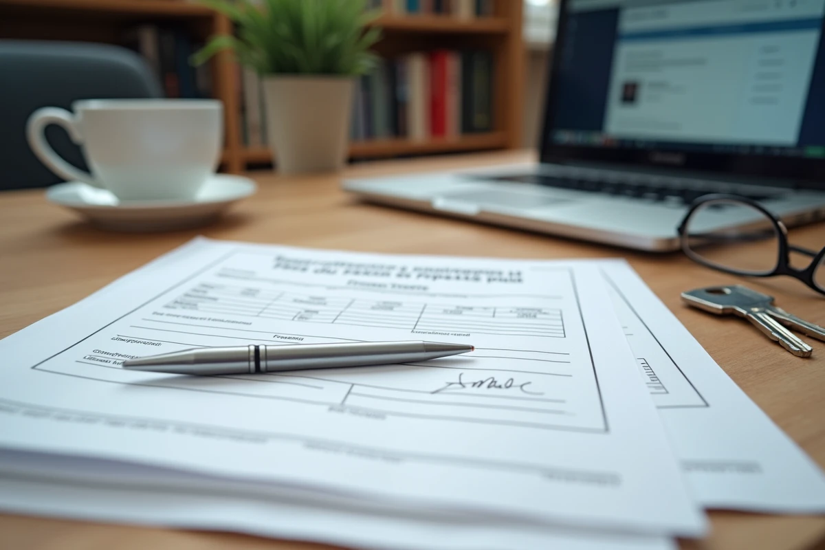 Dossier d'immatriculation de copropriété ouvert sur un bureau avec formulaires administratifs et stylo